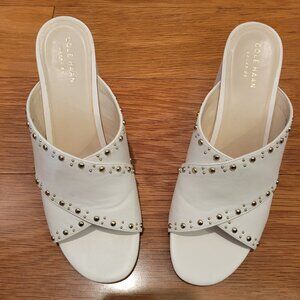 Cole Haan Ladies' White, Gold-Studded Block Heeled Sandals
